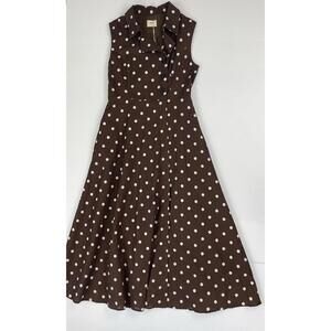 NWT Linen Vibes Midi Dress Retro Style Brown White Polka Dot Size Small *NO BELT